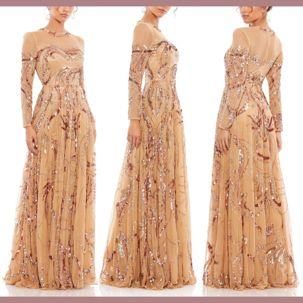 NEW $798 Mac Duggal [ 18 ] 5217 Long Sleeve Embellished Illusion Gown in Carmel‎